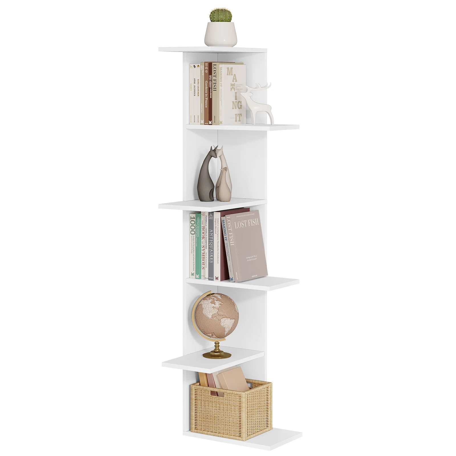 37x37x140cm Wall-Mounted Storage Unit White Zig-zag Corner Shelf Floating 6-Tier CD Shelf Bookcase Living Room Kitchen Bedroom