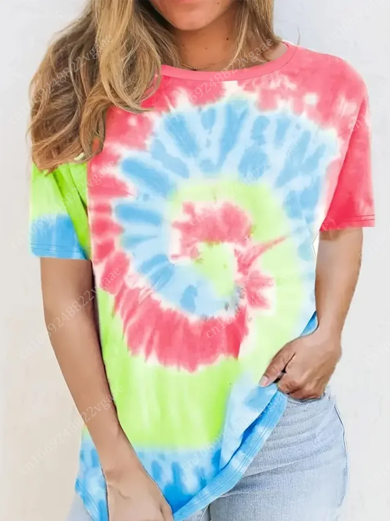 2024 Summer Colorful Rainbow T Shirt Women Fashion Tie Dye 3D Print Short Sleeve Tee Tops Oversized Clothes Couple Lover Herat