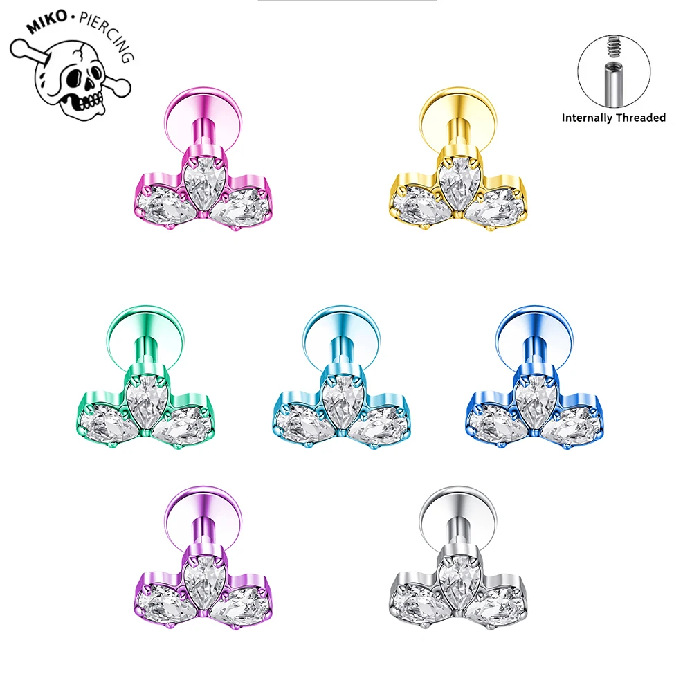 1pc ASTM F136 Titanium CZ Tragus Piercing Cartilage Flatback Stud Earring Helix Jewelry Hypoallergenic 16G Internally Threaded