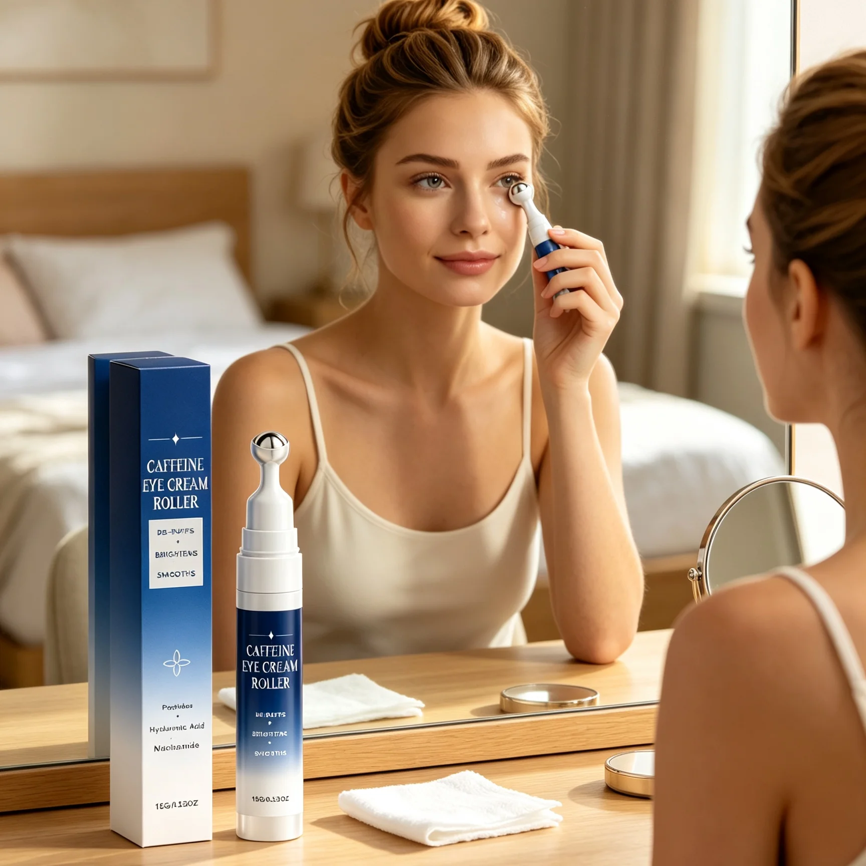 Caffeine Eye Cream Roller Under Eye Puffiness Treatment Fine Lines Wrinkle Removal Copper Peptide Niacinamide Dark Circles Cream