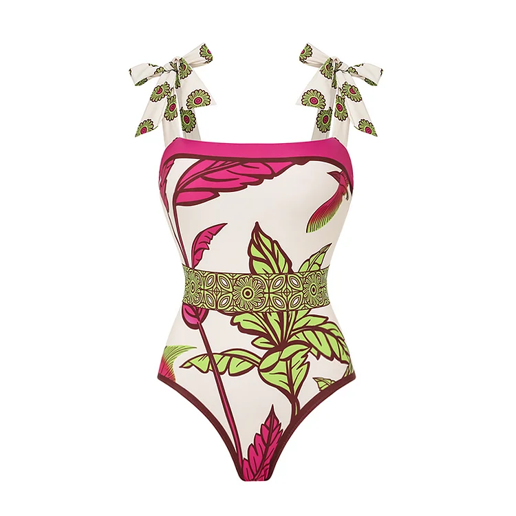 Women Bow-tie Tropical Plant Pattern Printed One Piece Swimsuit Swimwear Bikini Set Beachwear Luxury Bathing Suit