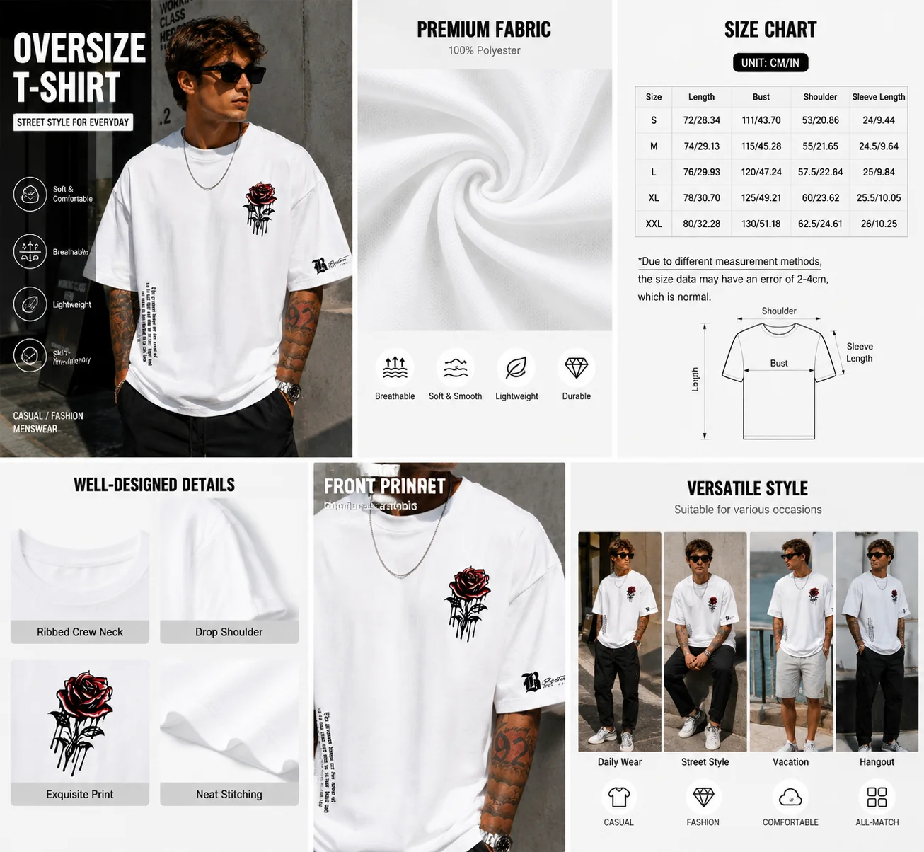 Men's Boston Gothic Rose Graphic Print T-shirt Oversized 100% Polyester American Streetwear Short Sleeve Tops S-XXL