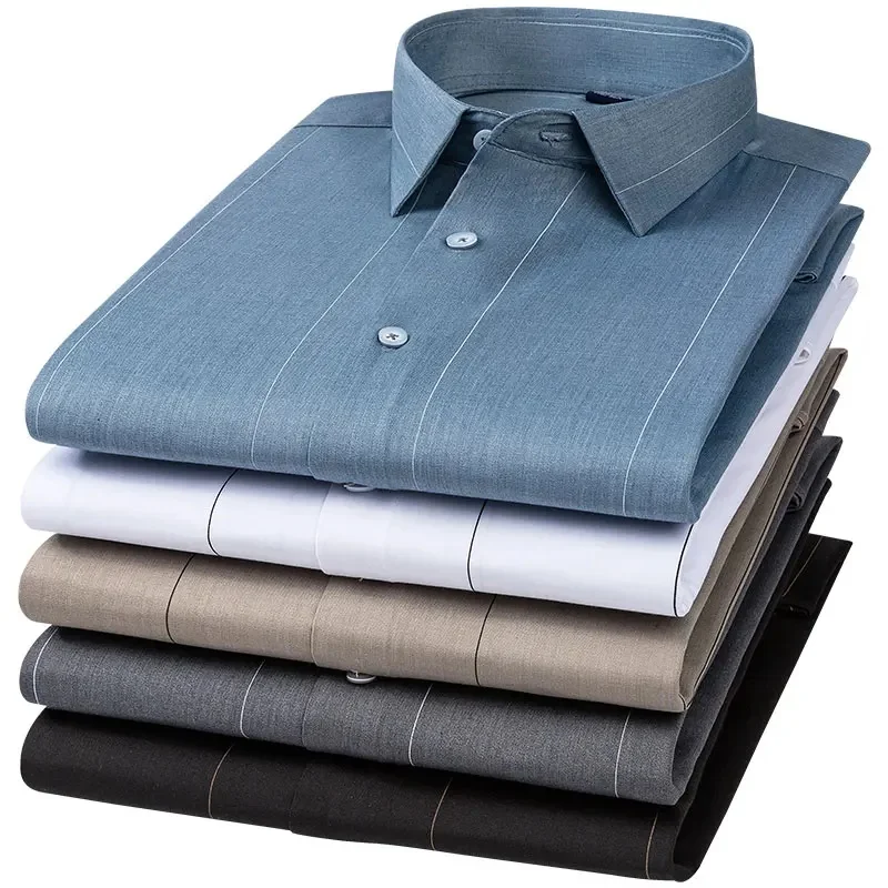 Nowe męskie lekko rozciągliwe koszule z długim rękawem o regularnym kroju Wygodna, miękka koszula z bambusowego włókna Smart Casual w paski — zdjęcie 2