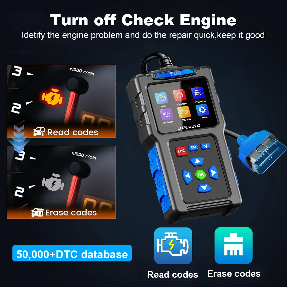 lupuauto T200 Car OBD2 Scanner Diagnostic Tool Engine Code Reader Car Voltage Tester Automotive Vehicle Fault Code Scanner OBDII