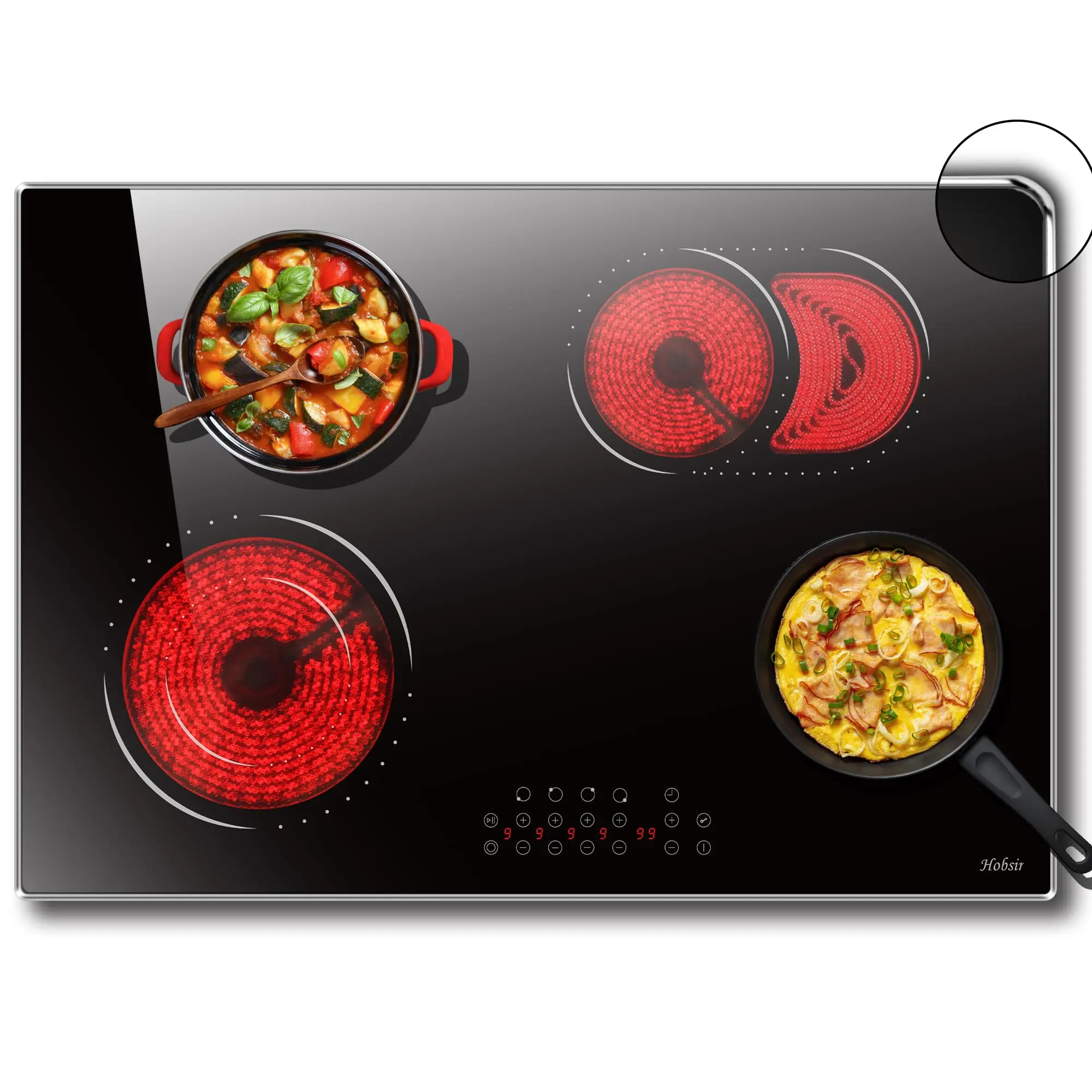 Hobsir hob 30 Inch 4 Burner Built-in Electric Cooktop，6800W，with Dual Oval Zone，Glass Protection Metal Frame，220V-240V Hard Wire