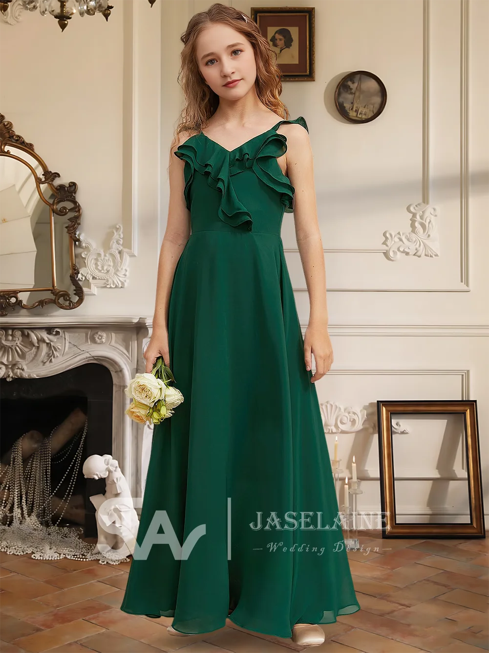 Elegante vestido de dama de honor junior de gasa hasta el suelo con cuello en V, vestido de niña de flores, fiesta para niñas, ocasión especial, boda Formal
