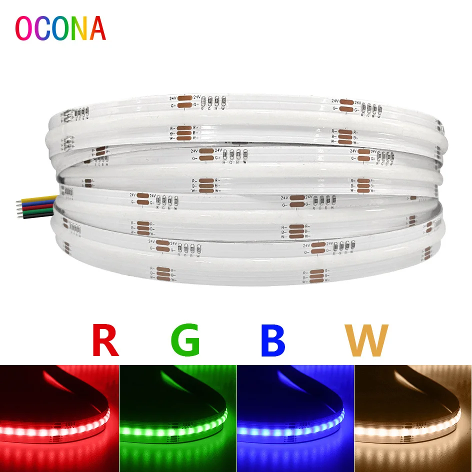 OCONA-RGBW COB LED Light Strip para Home Decor, fita de fita flexível, luz de fundo de TV, High CRI, RGB + 3000K, branco quente, 2840 LED/m, 24V, 12mm, Ra90