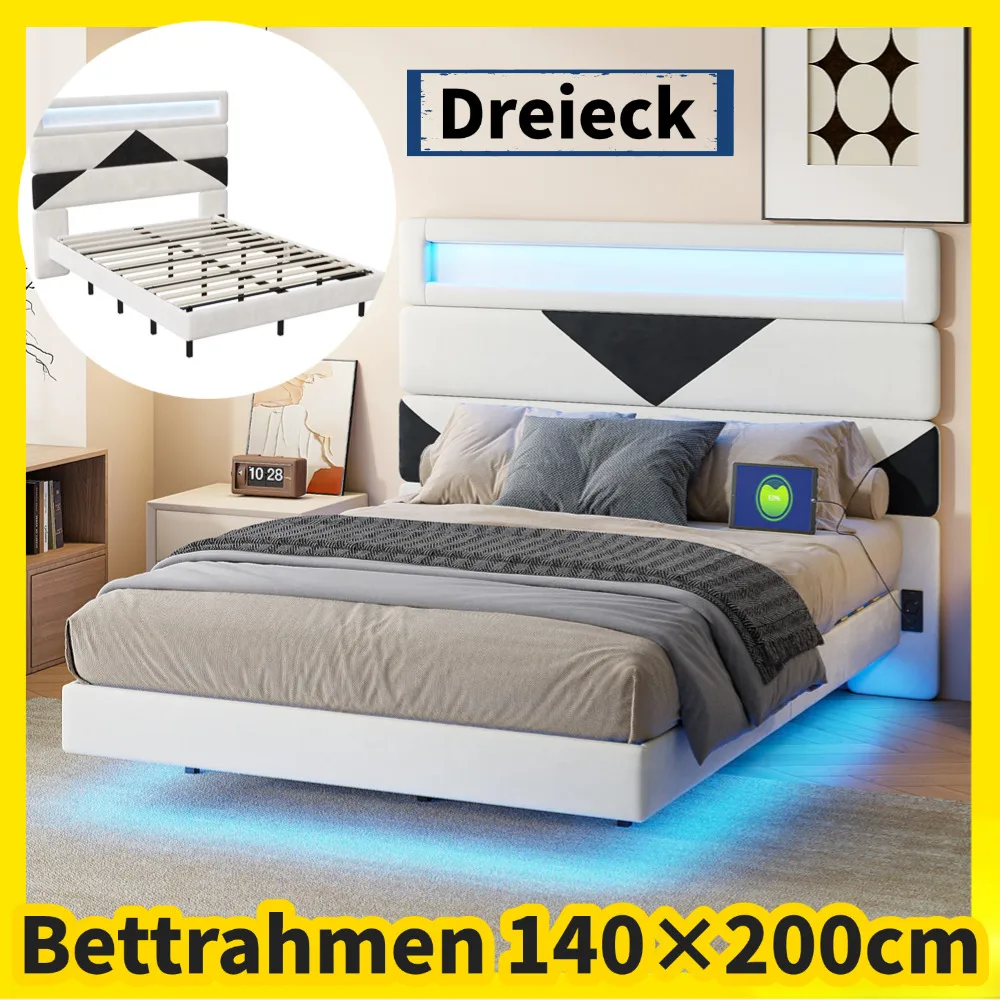 Gepolstertes Bett 140x200cm, mit LED-Licht, schwimmender Bett rahmen mit Holz latten rahmen, mit