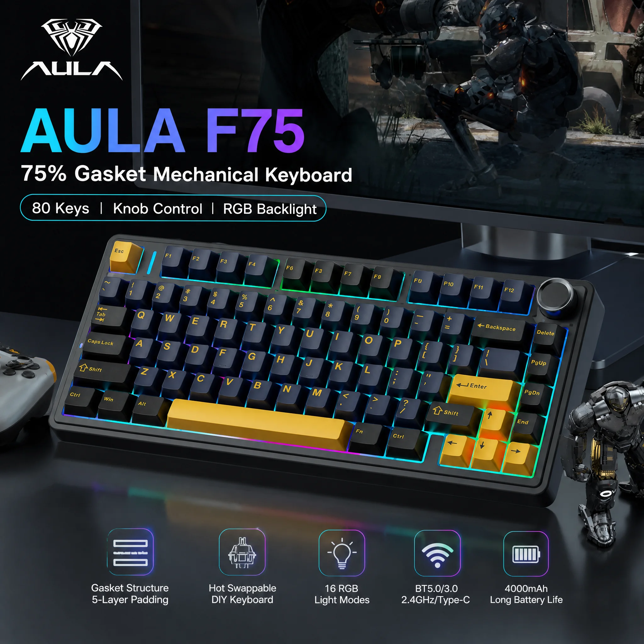 AULA F75 75% Wireless Mechanical Keyboard with Knob, Gasket Hot-Swap, Creamy Pre-lubed Linear, Tri-Mode BT/2.4G/USB-C, RGB
