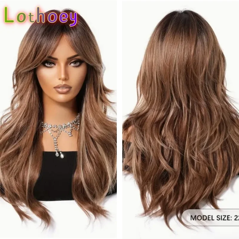 자연스러운 긴 갈색에서 금발 옴브레 가발 (여성용) 우아한 곱슬 웨이브 스타일, 실크 베이스 가발 인모 가발 완벽한 아름다움