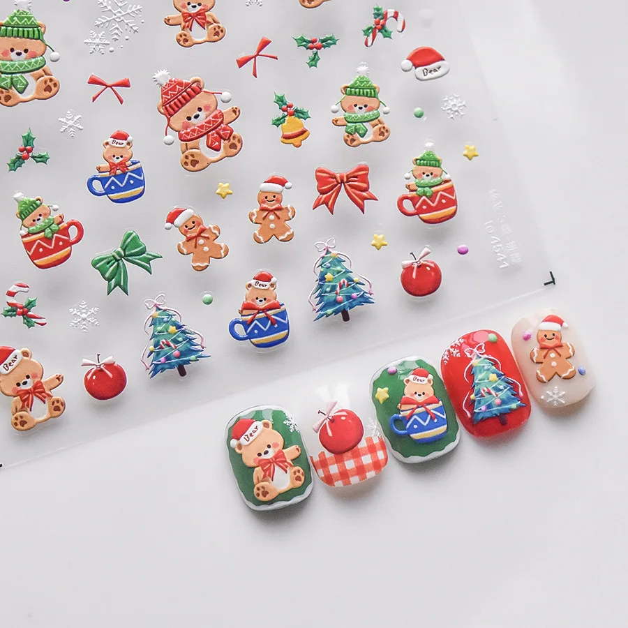 1pcs Christmas Bear Nail Sticker 5D Embossed Santa Claus Bow Apple Adhesive Nail Art Stickers DIY Japan Nails Decorations Decals