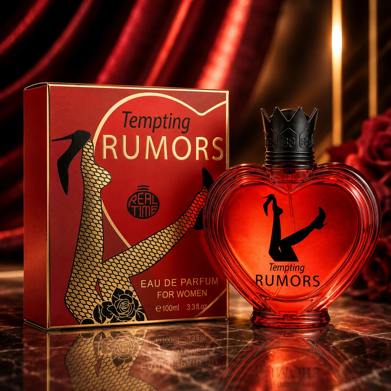 Parfum Rumeurs Tentantes. Parfum féminin intense et vivant, avec des notes rafraîchissantes d'orange douce et de citron, un cœur floral épicé de patchouli, et une base chaude de vanille et de cumin.