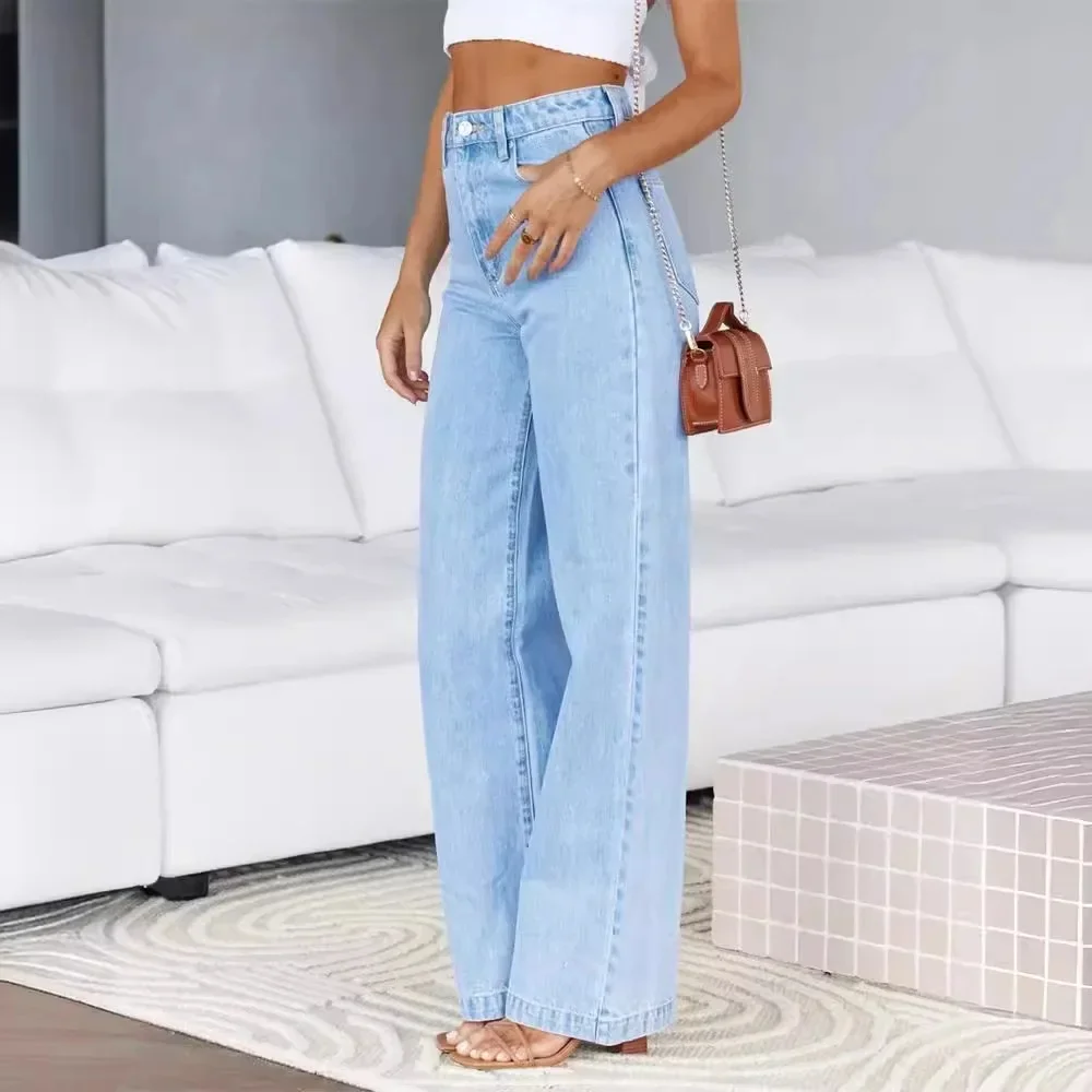 Kobiety Dżinsy Proste Spodnie Denim Sprane Wysoka Talia Luźny Krój Kieszenie Guziki Podstawy Spodnie z szerokimi nogawkami Jednolity Kolor 2024 Casual — zdjęcie 2