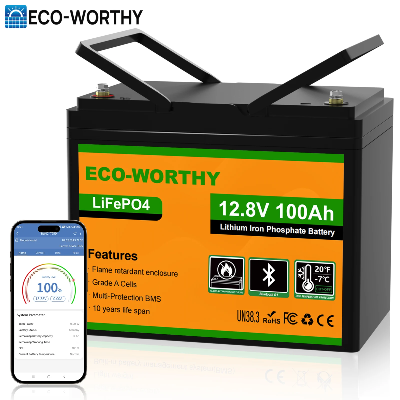 Eco-Worthy ECO-WORTHY 12V 100AH LiFePO4 Lithium Battery with Smart Bluetooth Low Temperature Flame-retardant Casing For Motorhome Caravans Van