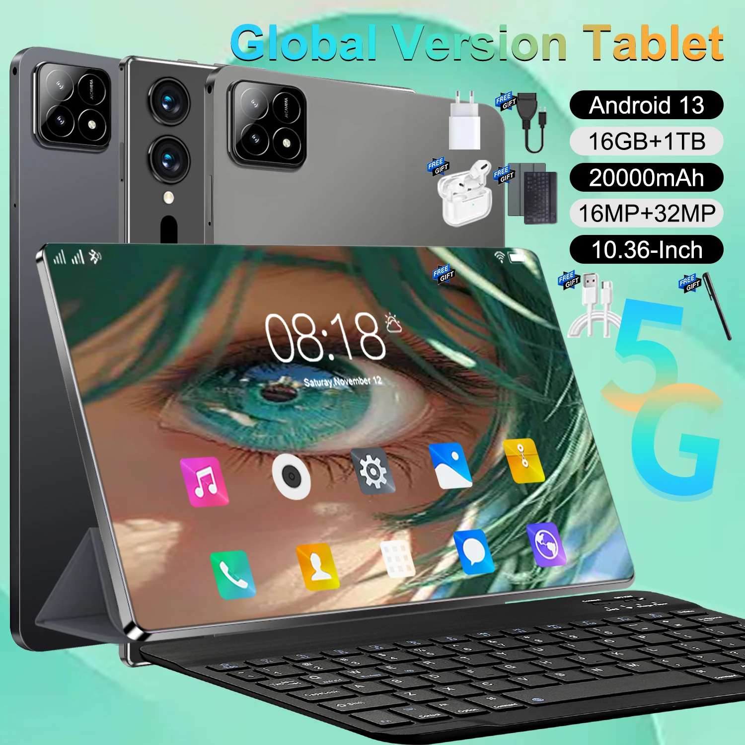 Tableta de 10,36 pulgadas con batería de 20000 mAh, 14 núcleos, Bluetooth, cámara de 16+32MP, Android 13, 16 GB de RAM, 1 TB de ROM, 5G