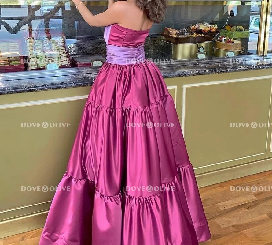 Fuchsia Satin Lila Prom Kleider 2022 Kontrast Farbe Liebsten Geraffte Ärmel Lange Bodenlangen Abendkleider Graduation