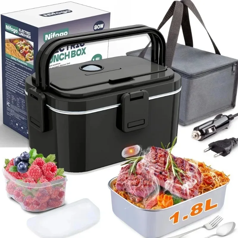 Boîte à lunch chauffante électrique 1,8 L 80 W, chauffe-plat double usage voiture et maison avec prise EU et chargeur de voiture, boîte bento auto-chauffante portable en acier inoxydable avec sac de transport isotherme pour le bureau et les voyages