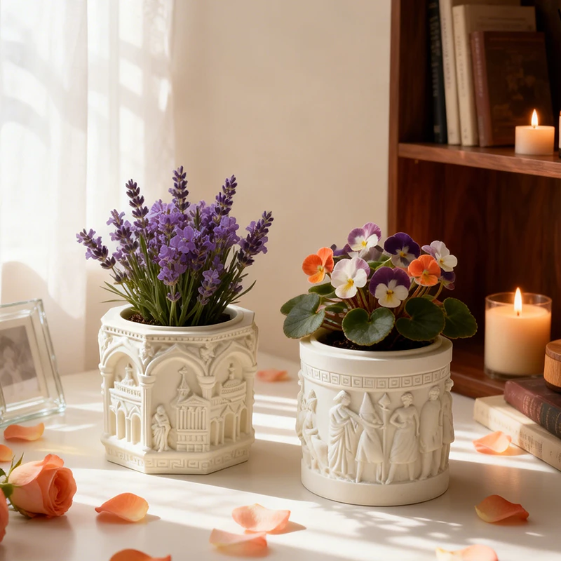 European Classical Embossed Architecture Flower Pot Resin Planter for Succulents Indoor Home Balcony Windowsill Decoration