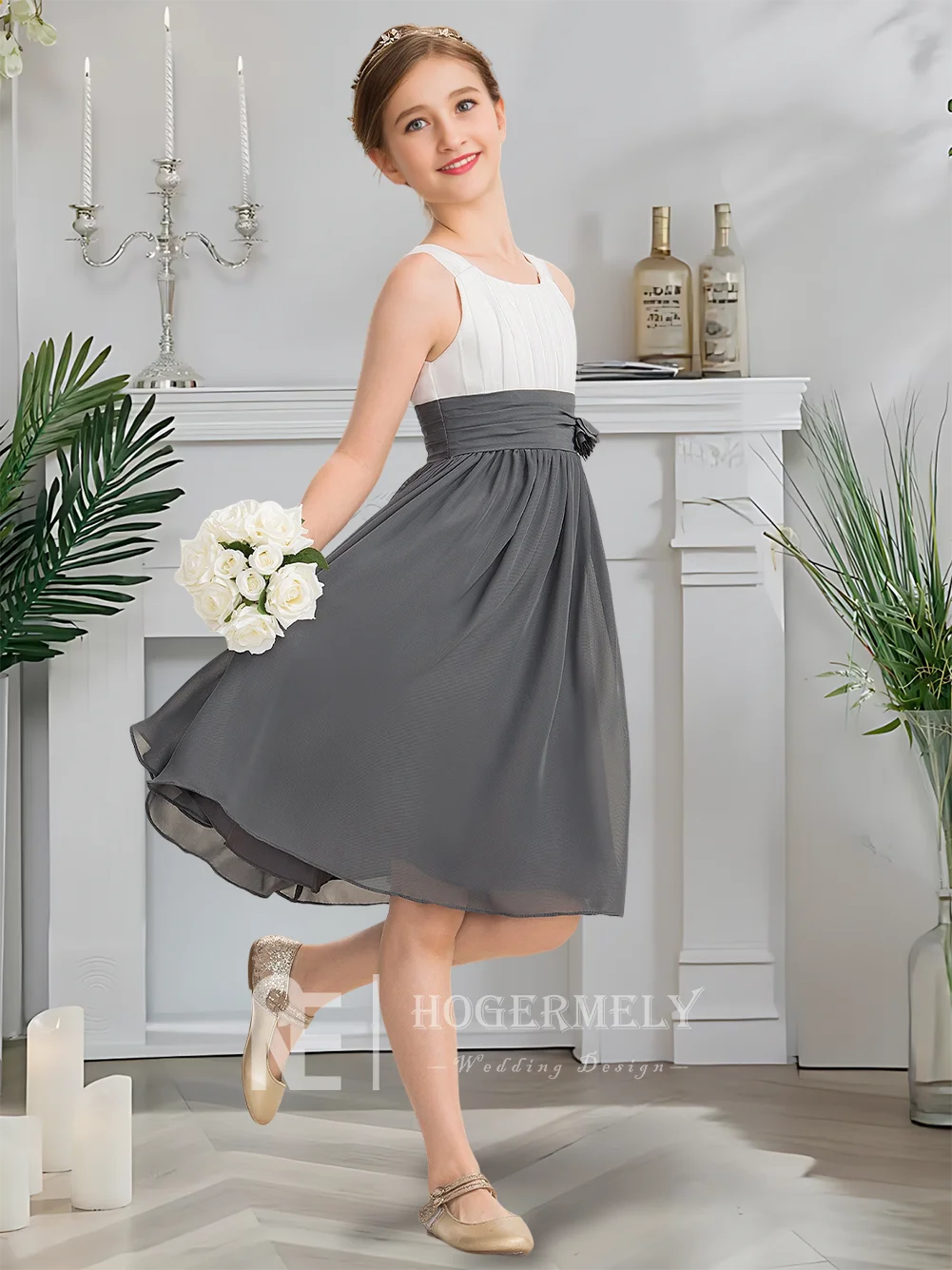 Luxuoso decote redondo júnior vestido de dama de honra cinza ardósia vestido da menina de flor na altura do joelho chiffon com apliques florais festa de casamento