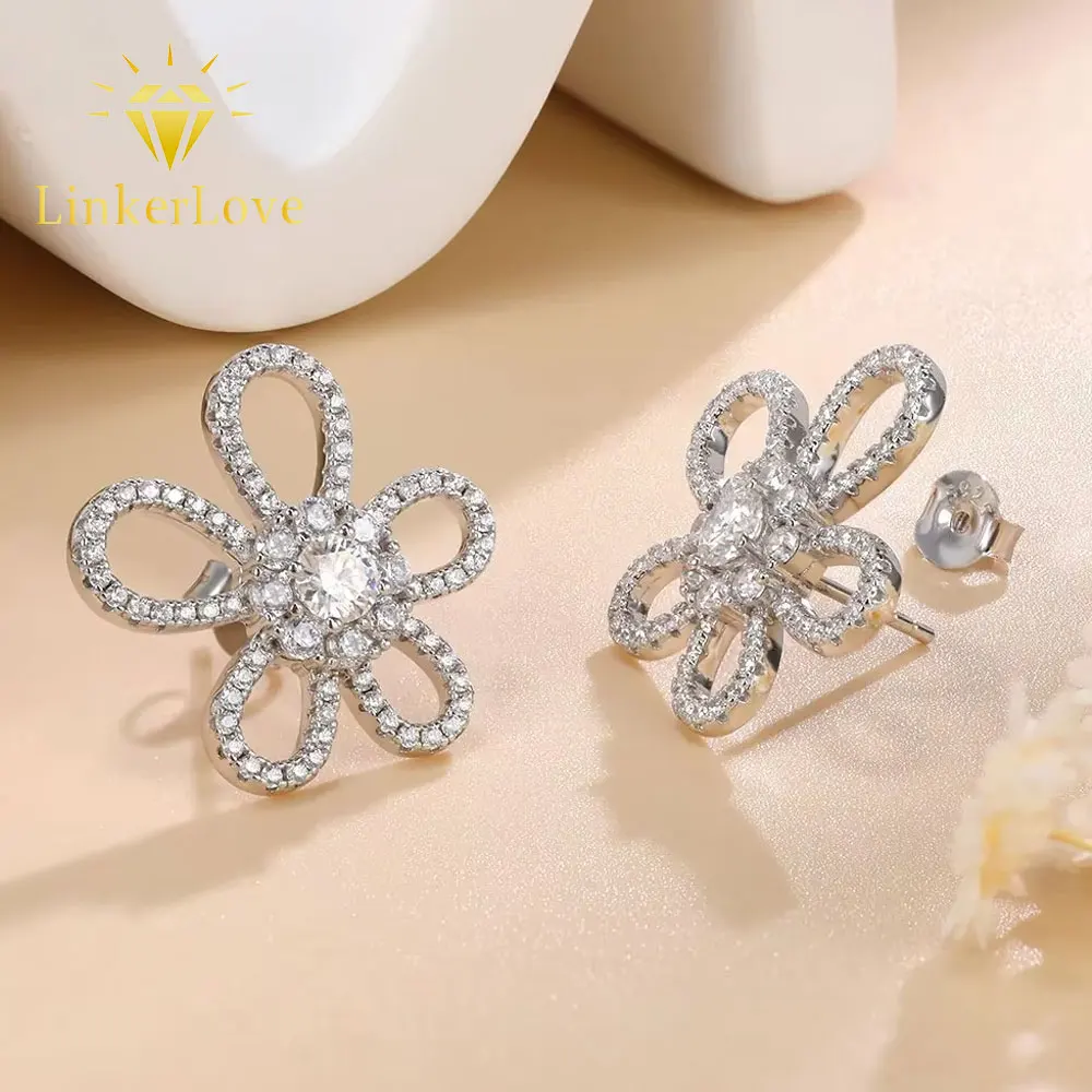 LinkerLove Moissanite Flower Stud Earrings for Women S925 Sterling Silver 20mm Five Petal Floral Earrings Wedding Bridal Jewelry