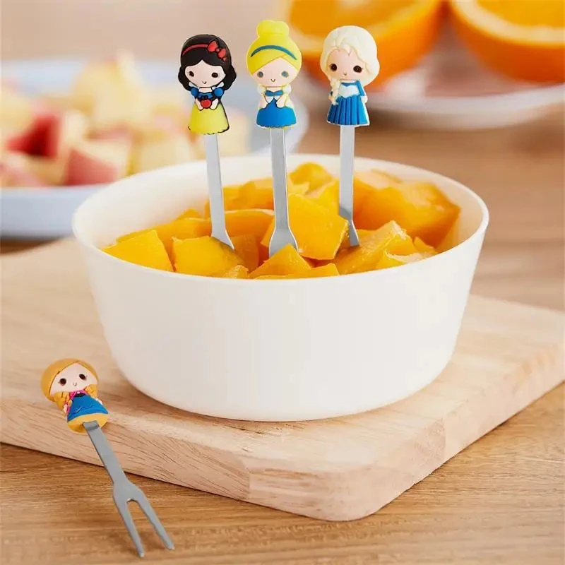 6pcs/Set Disney Princess Cartoon Stainless Steel Dessert Fruit Forks with Holder Set Mini Salad Fruit Fork Food party Flatware