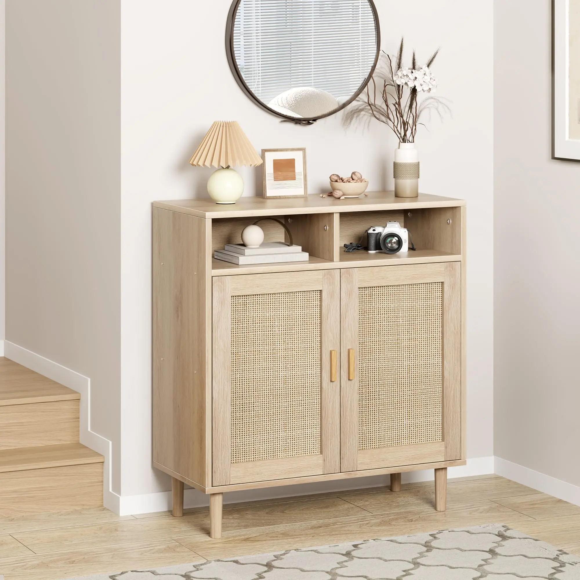 Buffet en rotin, 80x92x40 cm – Vitrine avec 2 compartiments ouverts et 2 portes en rotin, Commode, Buffet en bois, Meuble de rangement, Table console, Meuble bar à café, Meuble TV, Bois naturel