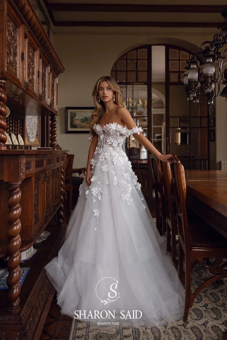 Sharon disse 2025 glamourosa 3d flores tule branco vestido de casamento fora do ombro a linha querida vestidos de noiva sw391 personalizado