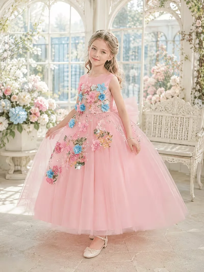 3D Floral Pink Flower Girl Dress Lace Flowers Sleeveless Princess Toddler Kids Wedding Birthday Pageant Party Gown Customized