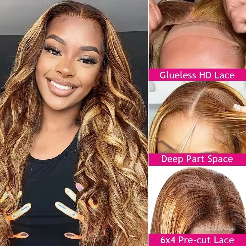 Highlight Wig 100% Human Hair Body Wave 6x4 Glueless Wig PrePlucked Honey Blonde Lace Front Wigs Human Hair Glueless Wig Wear Go