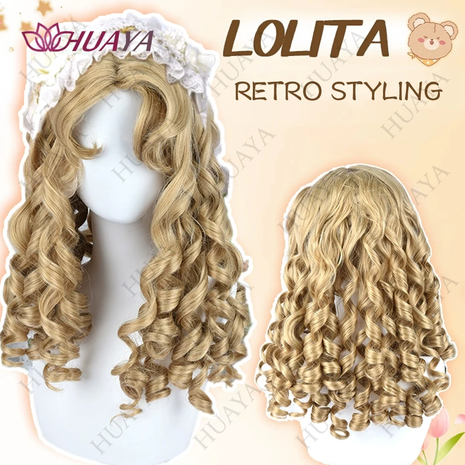 Synthetic Gold Wig  Deep Volume female Fluffy Lovely Lolita Roman Long Curly Hair Middle Party Bangs Christmas Cosplay Party Wig