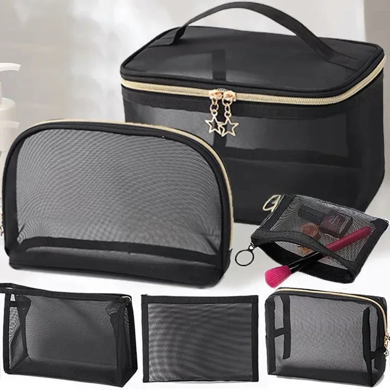 Sac à cosmétiques de voyage pour femmes, grande capacité, étui de maquillage en maille noire, pochette de rangement, trousse de toilette décontractée à fermeture éclair, sacs de lavage de maquillage