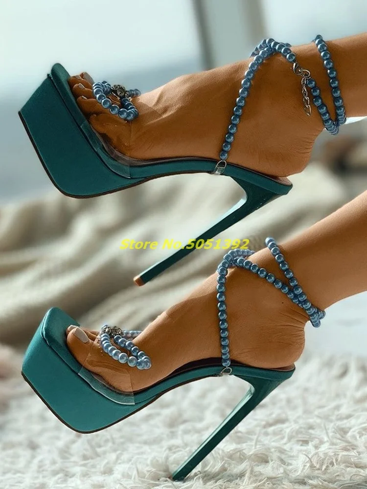 

Beaded Strappy Bowknot Sandals Clear Perspex Platform Heels Cross Strap Square Toe Thin High Heel Fashion Women Summer Shoes