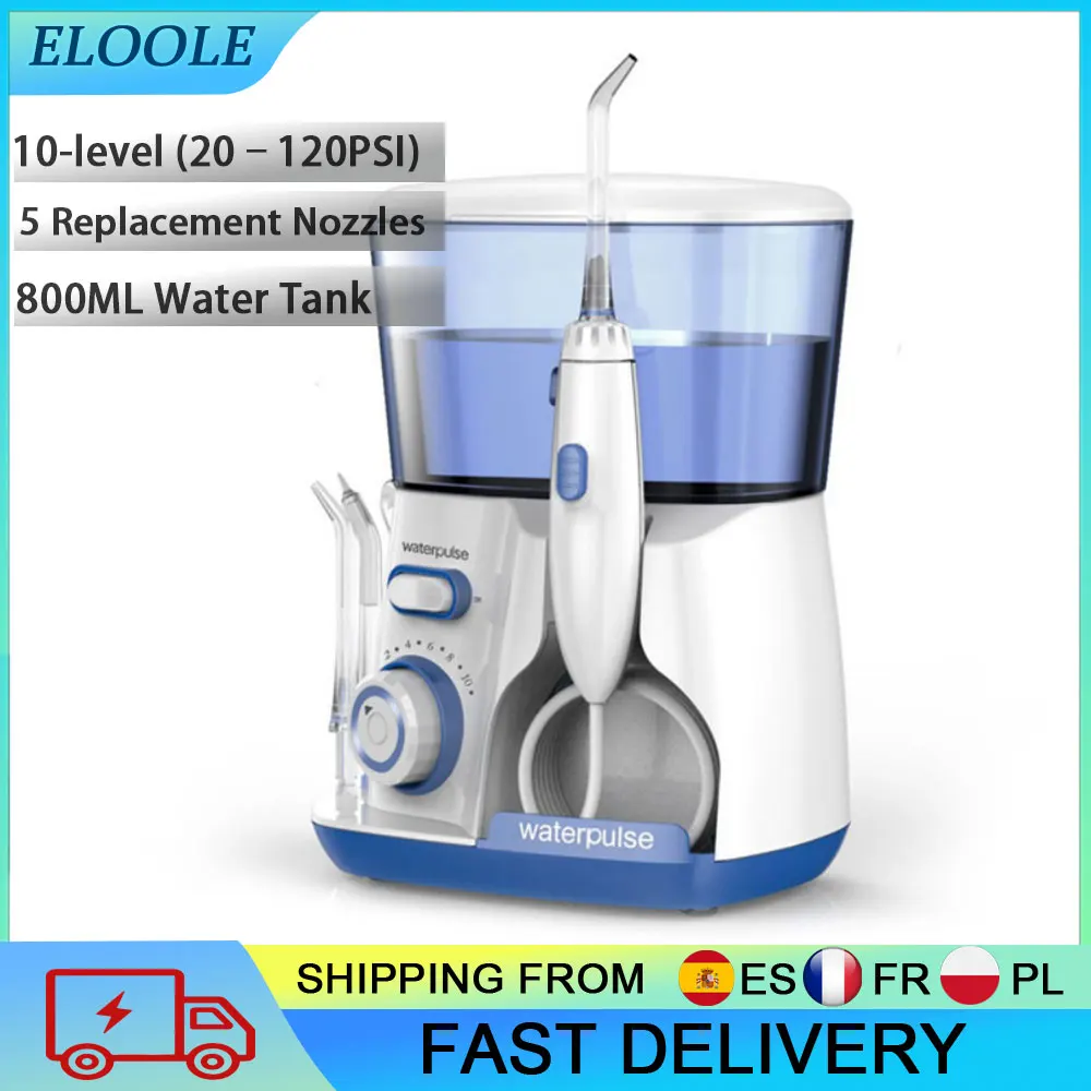 Irrigador bucal de sobremesa de 800 ml con tecnología de pulso, irrigador bucal doméstico con múltiples boquillas, 10 configuraciones de presión ajustables, irrigador bucal profesional para uso familiar, para limpieza de dientes, higiene bucal y limpieza de aparatos dentales.