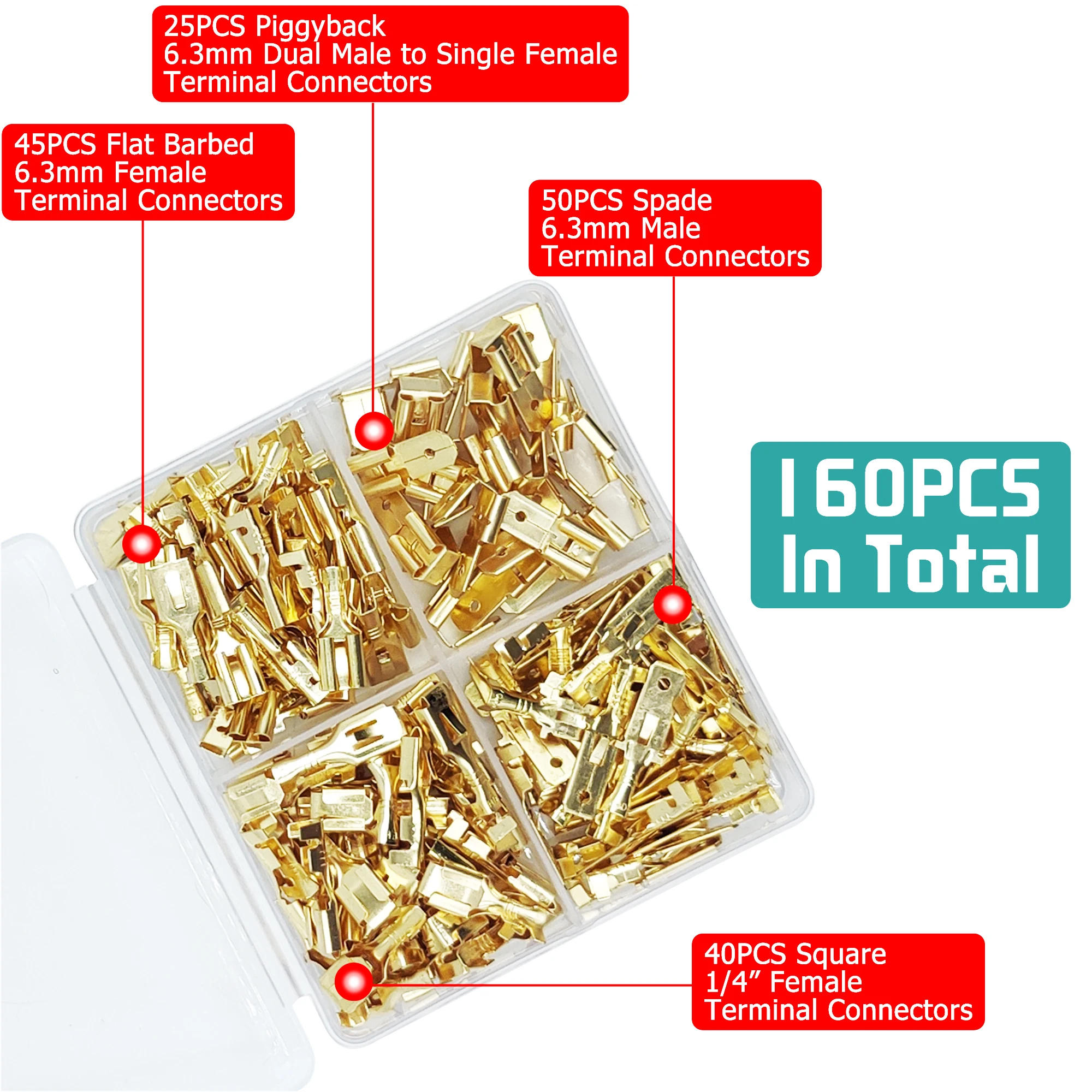 160PCS 6.3mm Brass Male Female Wire Spade Connector Quick Splice Crimp Terminals 3 Way Adapter Piggyback Connectors