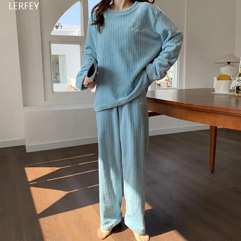 LERFEY Autumn Winter Warm Flannel Women Pyjamas Sets Thick Long Sleeve Soild Sleepwear Pajamas Set Home Clothing Suit  Homewear