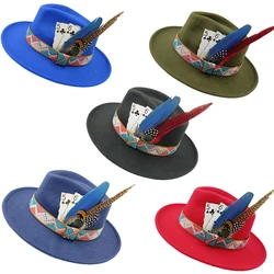 Jazz wool hat Panama hat European and American style hat Poker feather decorated wool wide brim hat party hat chapeau femme