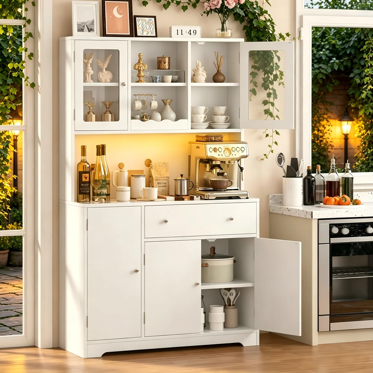 Armoire Cuisine Blanche, Buffet, Haut Vaisselier, avec Lampes LED + Prises Électriques, Plans de Travail et Deux Tiroirs, Adapté pour la Cuisine / le Salon