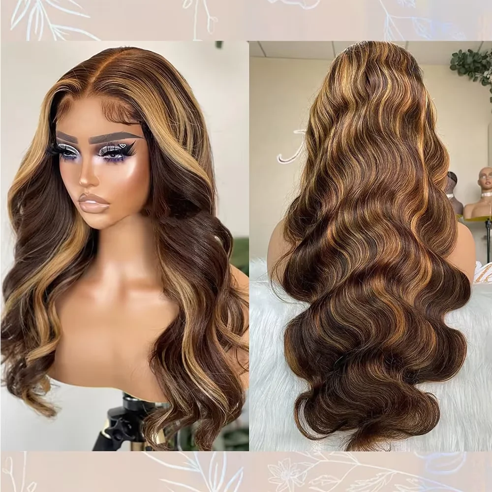 

Парик из натуральных волос с коричневыми прядями и эффектом Body Wave, 13x6 HD Lace Frontal, с эффектом Loose Wave, цвет медово-русый, HD Lace Front