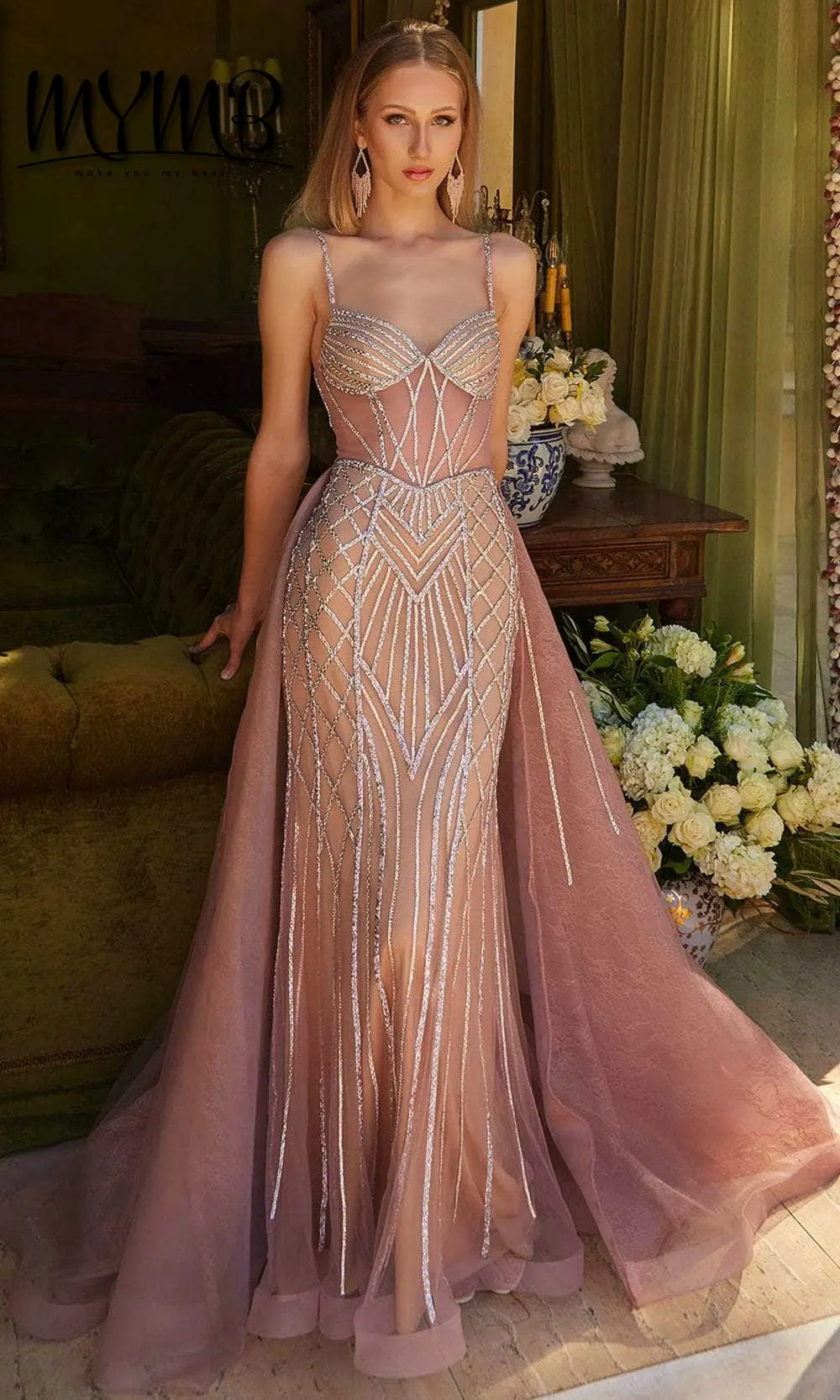 MYMB Delicate Pink Rhinestone Fishtail Dresses V Neck Bodice Fitted Silhouette Detachable Overskirt Sparkly Hem for Prom MC20091