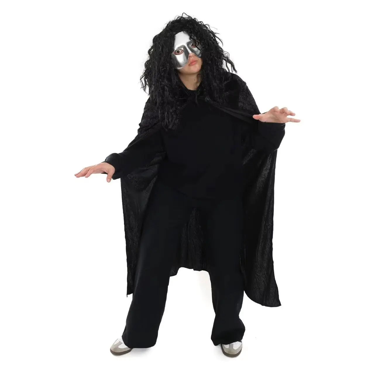 The Unknown Costume - Black Cape, Black Crimped Wig, Silver Mask - Adults Halloween/ World Book Day Fancy Dress Costume