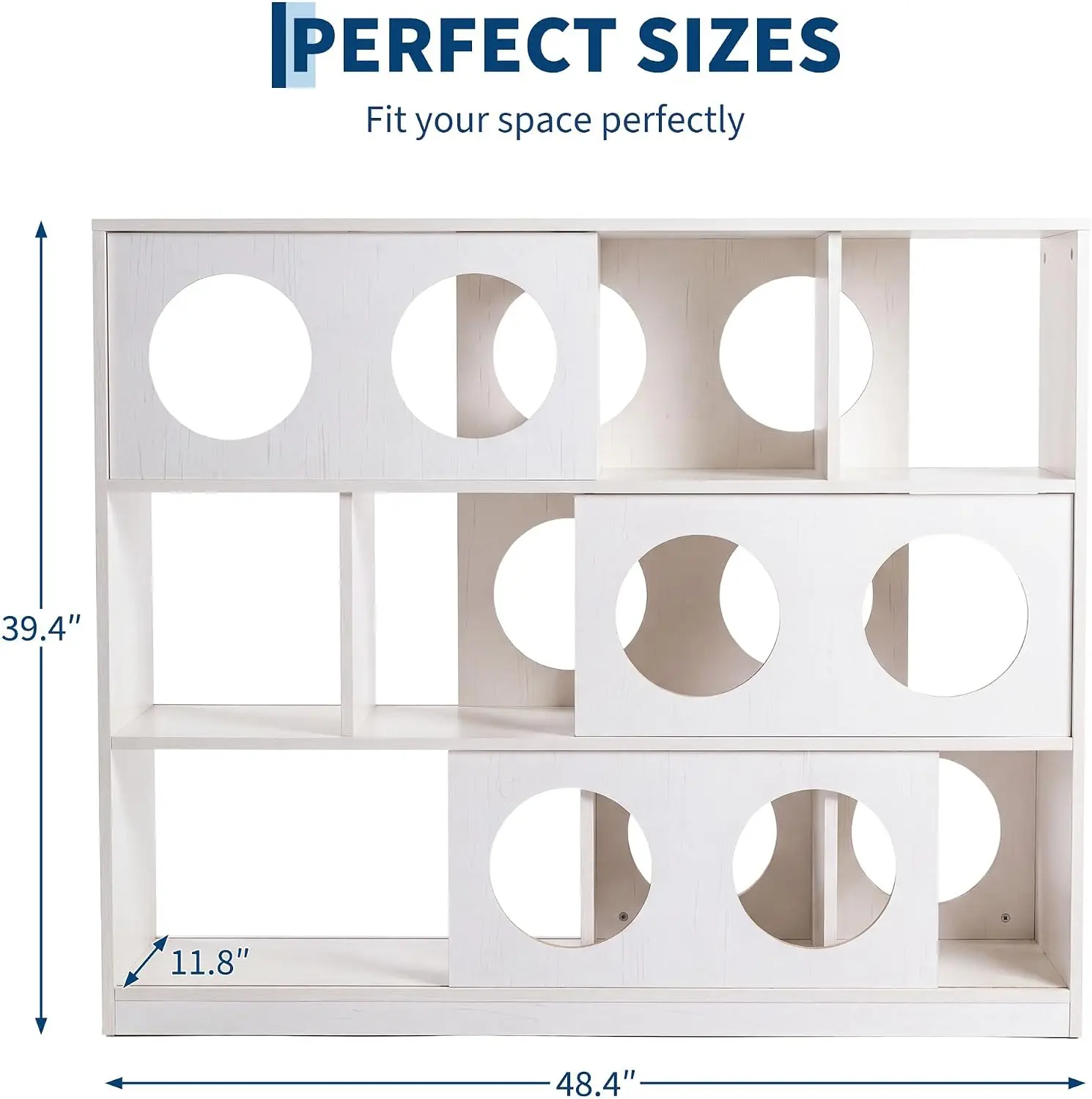 3-laags houten boekenplank, opbergorganizer met kubussen van verschillende afmetingen en ronde uitsparingen, anti-kantel en stevige displayplank voor boeken, cd's, decoratie, 48,4x11,8x39,4 inch,