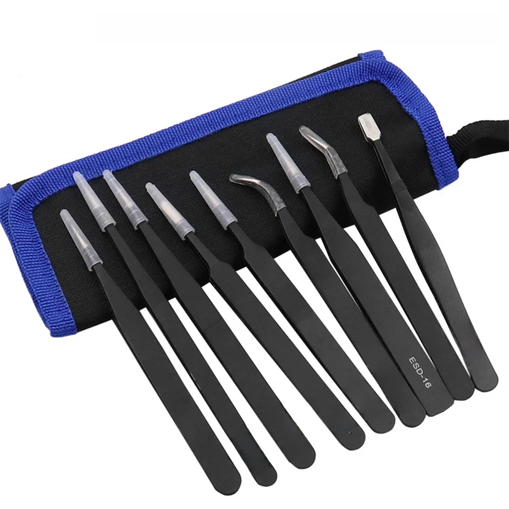9 em 1 pinças de aço inoxidável kit anti precisão estática conjunto ferramentas manuais para
