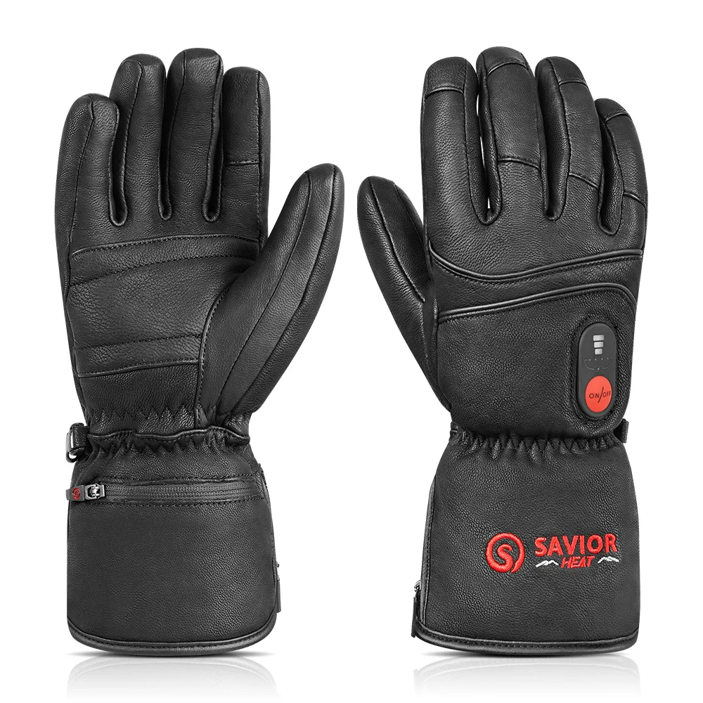 SAVIOR HEAT Electric Heated Leather Gloves Rechargeable Battery Waterproof Heated Gloves for Men Women Cycling Ski Thermal Warm