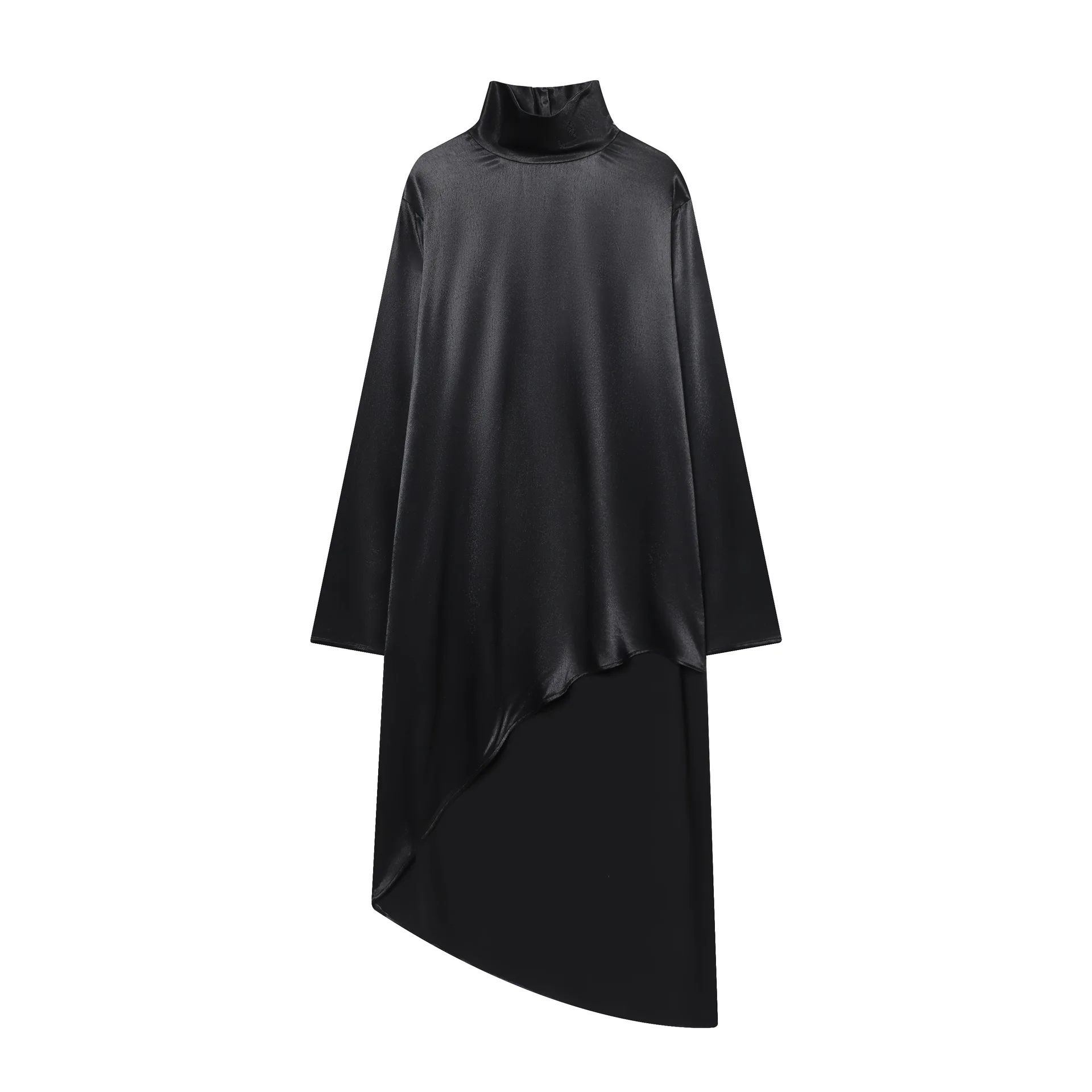 

Retro Asymmetrical Black Satin Elegant Long Women's Shirt, Loose Stand Collar Long Sleeve Shirt Top