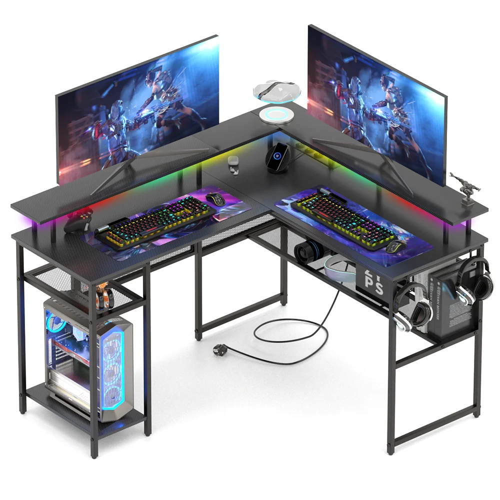 Table de jeu en forme de L 136x75cm, bureau de jeu d'angle avec LED réglable, tables d'ordinateur avec prise USB pour le travail et le jeu