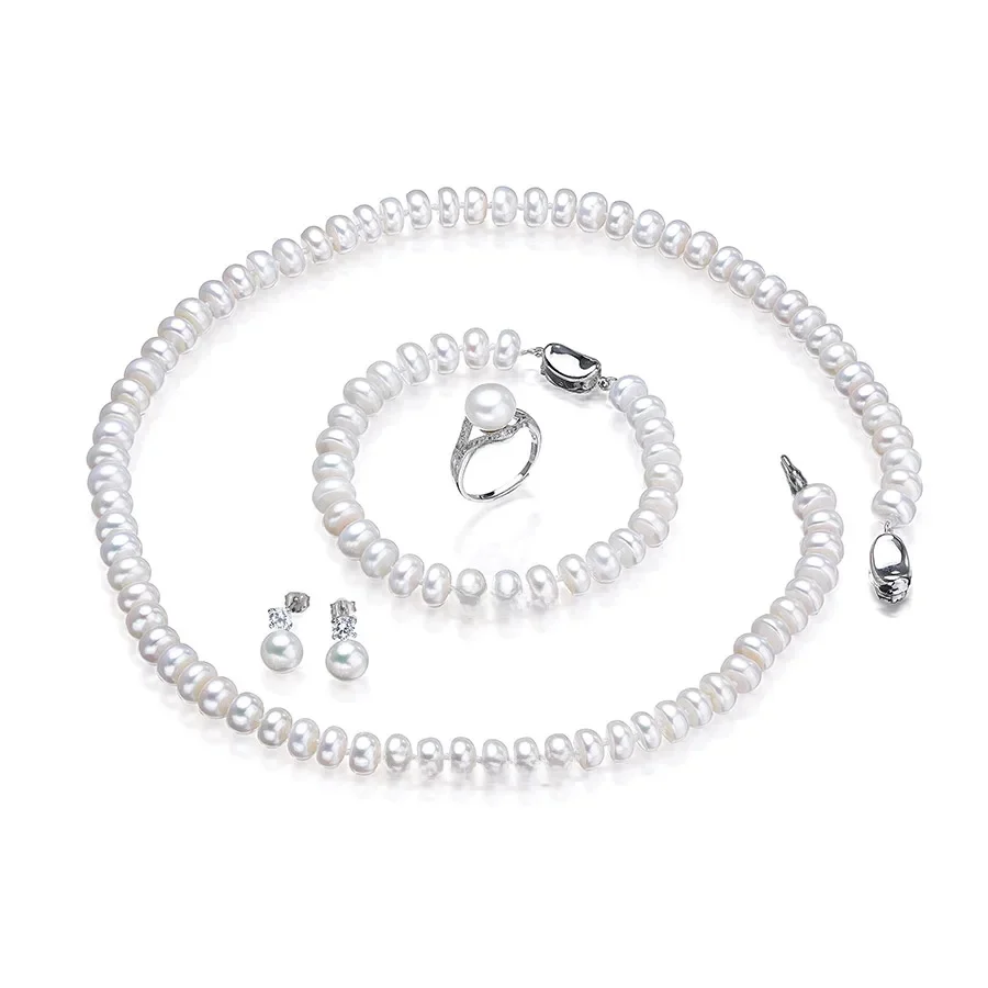 Dainashi Fashion 925 Sterling Silver zestawy biżuterii ślubnej dla kobiet prawdziwa biała naturalna perła słodkowodna 7-8mm chleb okrągły — zdjęcie 2