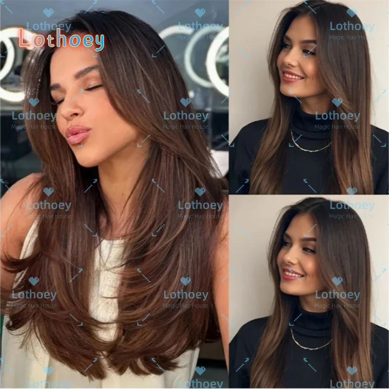 Прямой прозрачный парик спереди на шнуровке — мокко-коричневые многослойные волосы, бразильские человеческие волосы Remy с натуральной линией волос, предварительно отбеленные и
