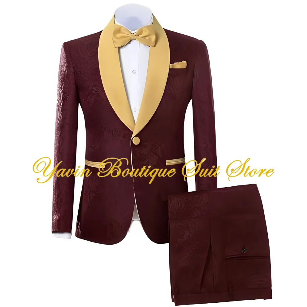 

Jacquard Men Suit Groom's Wedding Tuxedos One Button Gold Shawl Lapel Blazer Formal Man 2-piece Suits