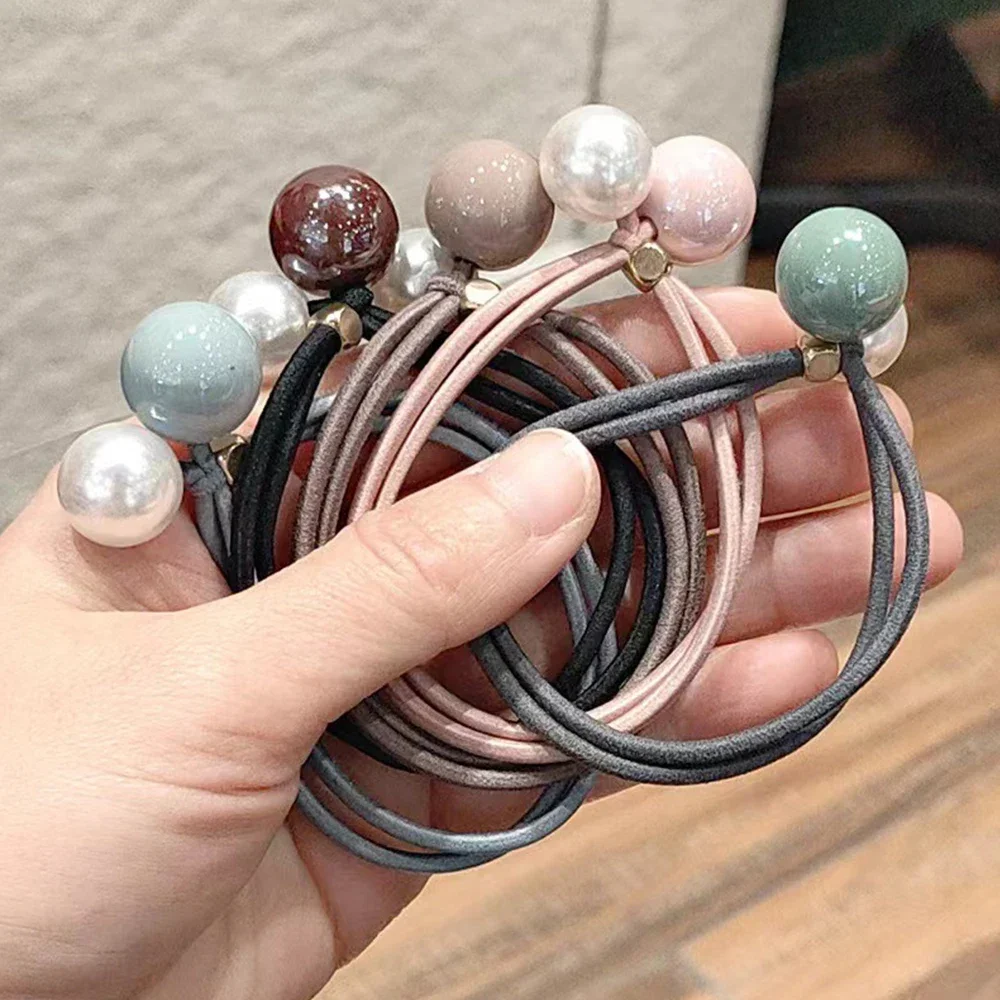 5PCs Girls Scrunchies Bead Pearl Elastyczne opaski do włosów Prosta dwuwarstwowa opaska do włosów Gumki do kucyków Akcesoria do włosów — zdjęcie 2