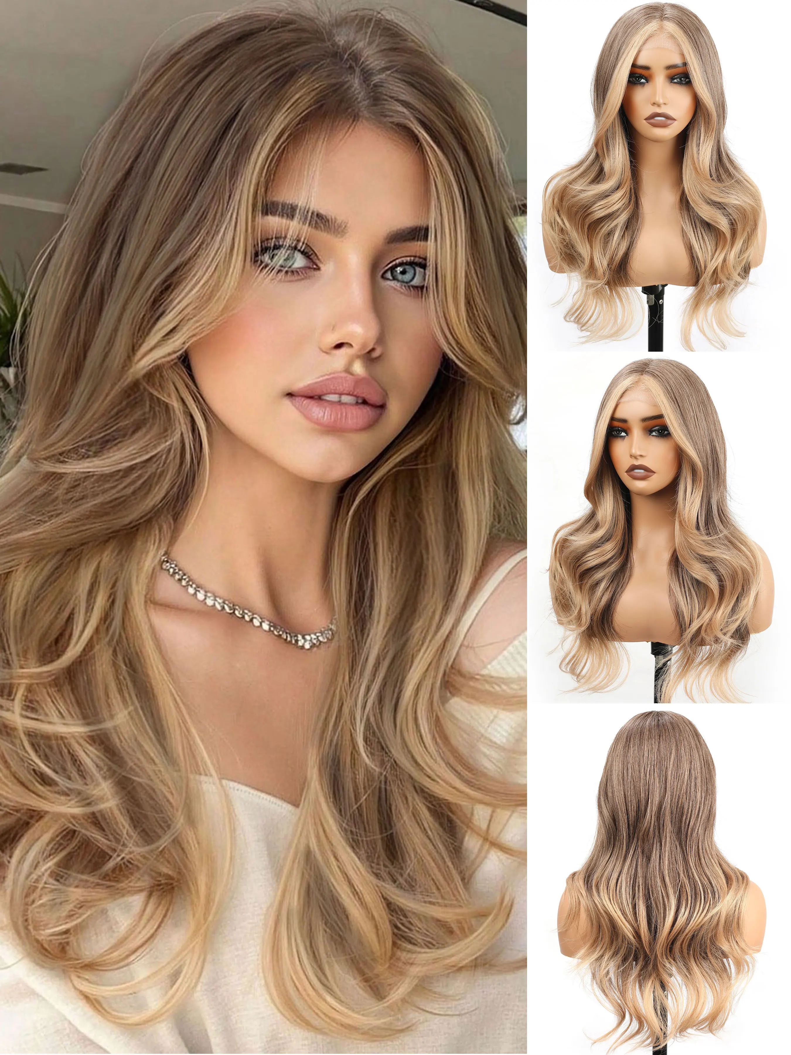 

Women's 24-inch wavy wig with gold highlights, 13x4 HD lace front synthetic wig, suitable for hair replacement and cosplay